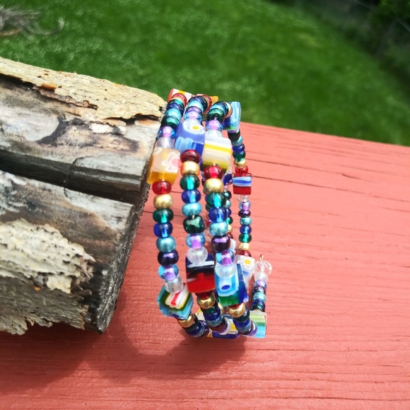 Hand Crafted Jewelry - Rainbow Flowers Cute Glass Beads Beaded Bracelet Nature Colorful